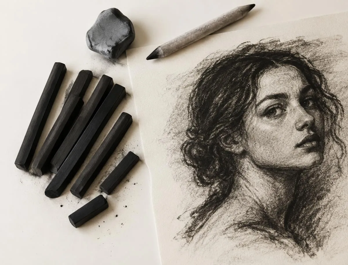 Charcoal sticks next to a charcoal portrait drawing
