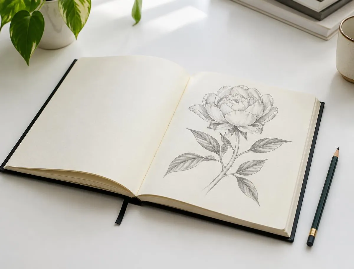 An open sketchbook with a pencil drawing of a rose