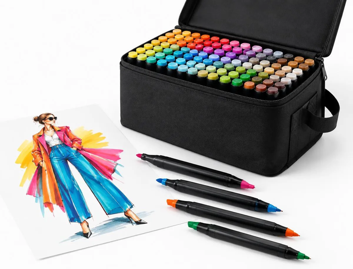 A case of dual-tip alcohol markers beside a fashion illustration