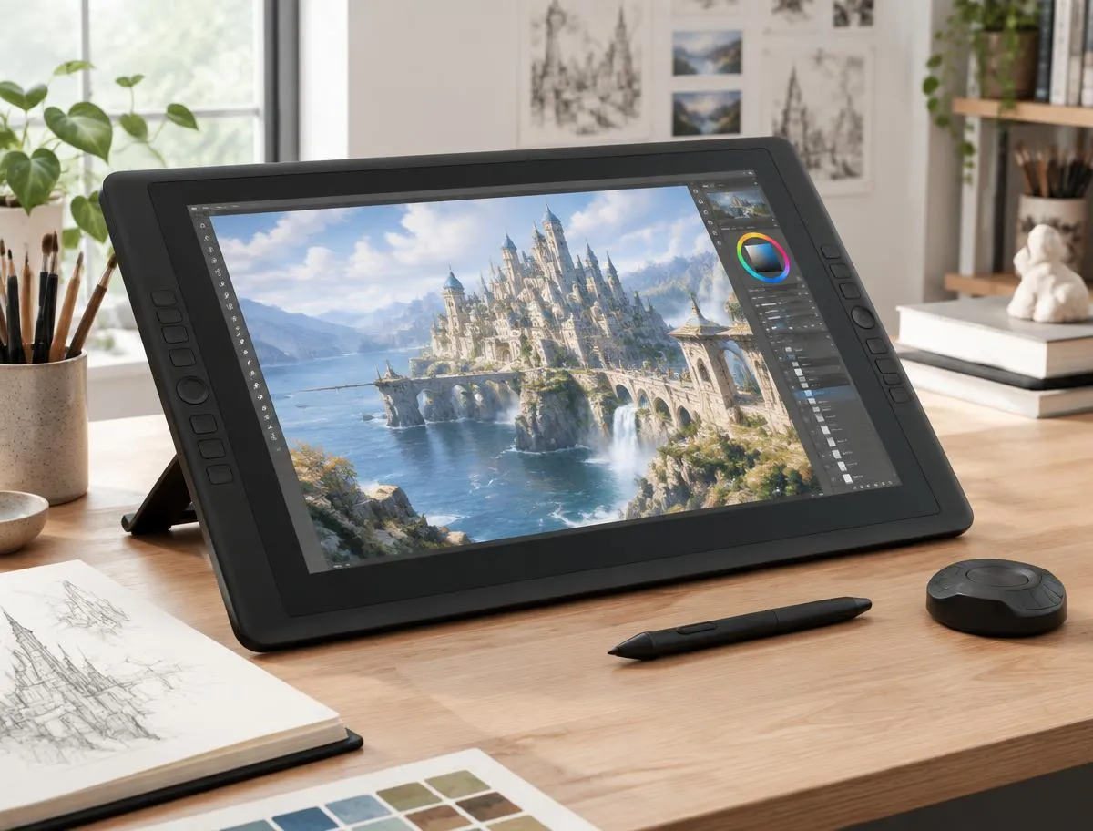 A drawing desk with a pen display, sketchbook and pencils