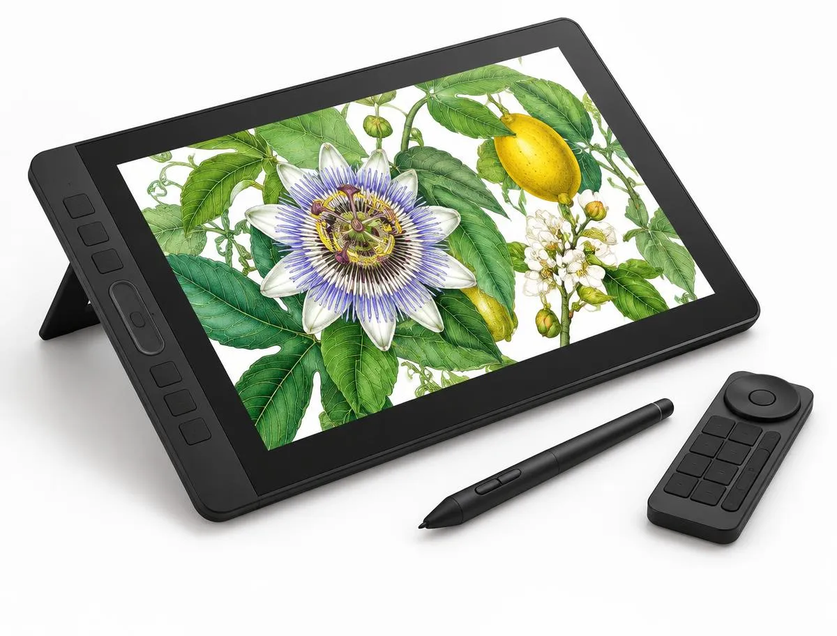 A pen display showing a botanical illustration with its stylus