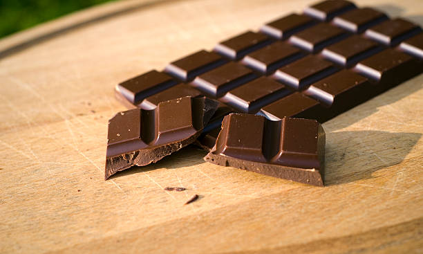Dark chocolate candy bar on a cutting board