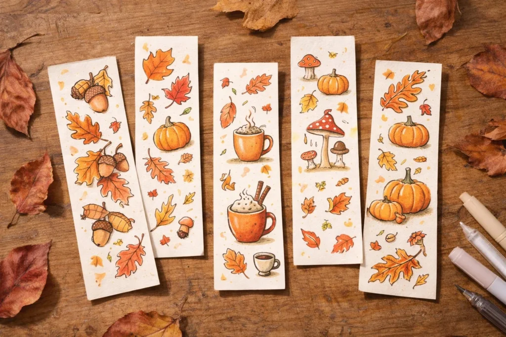 Hand-drawn fall themed bookmarks with autumn leaves pumpkins and warm colors