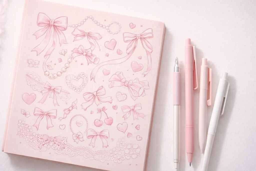 Coquette aesthetic doodles with bows ribbons and hearts on pink paper
