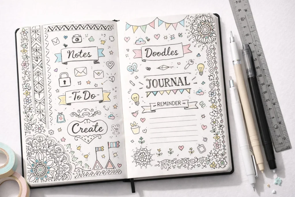 Creative drawing designs and doodle ideas decorating a notebook page