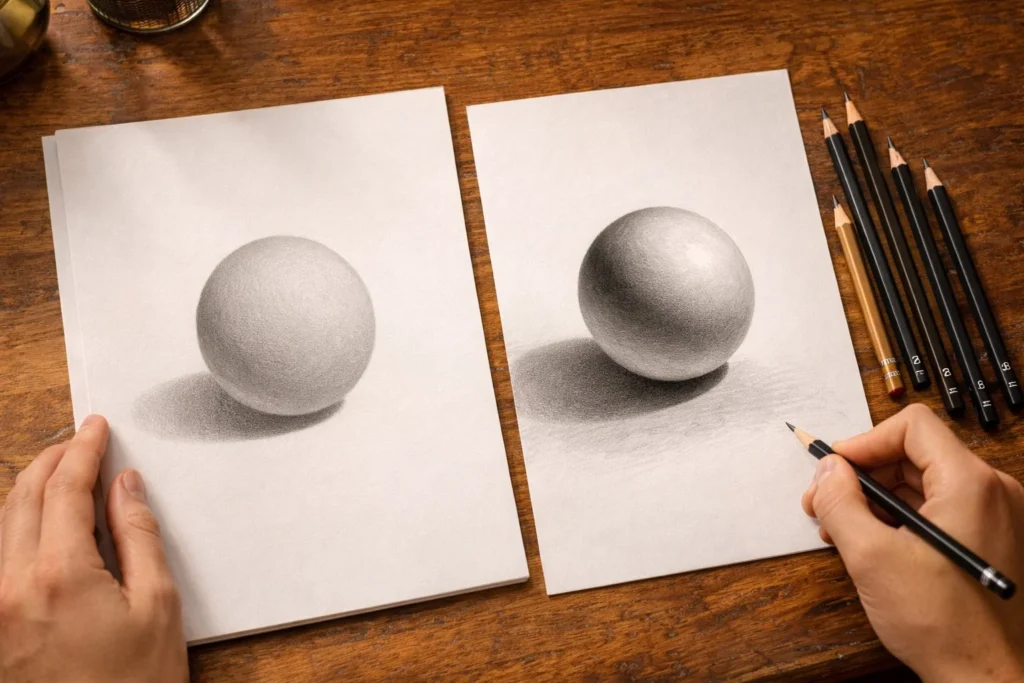 Pencil drawing showing flat shading versus realistic 3D shading comparison