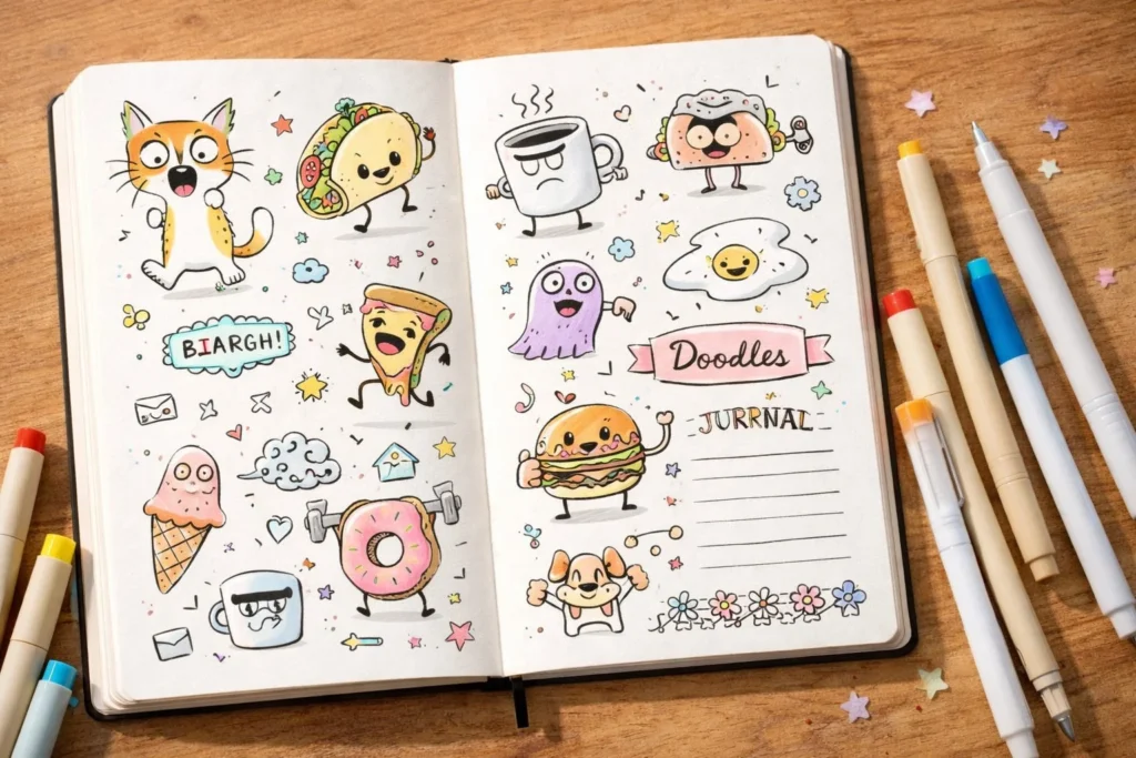 Funny cartoon doodles and hilarious drawing ideas in a sketchbook