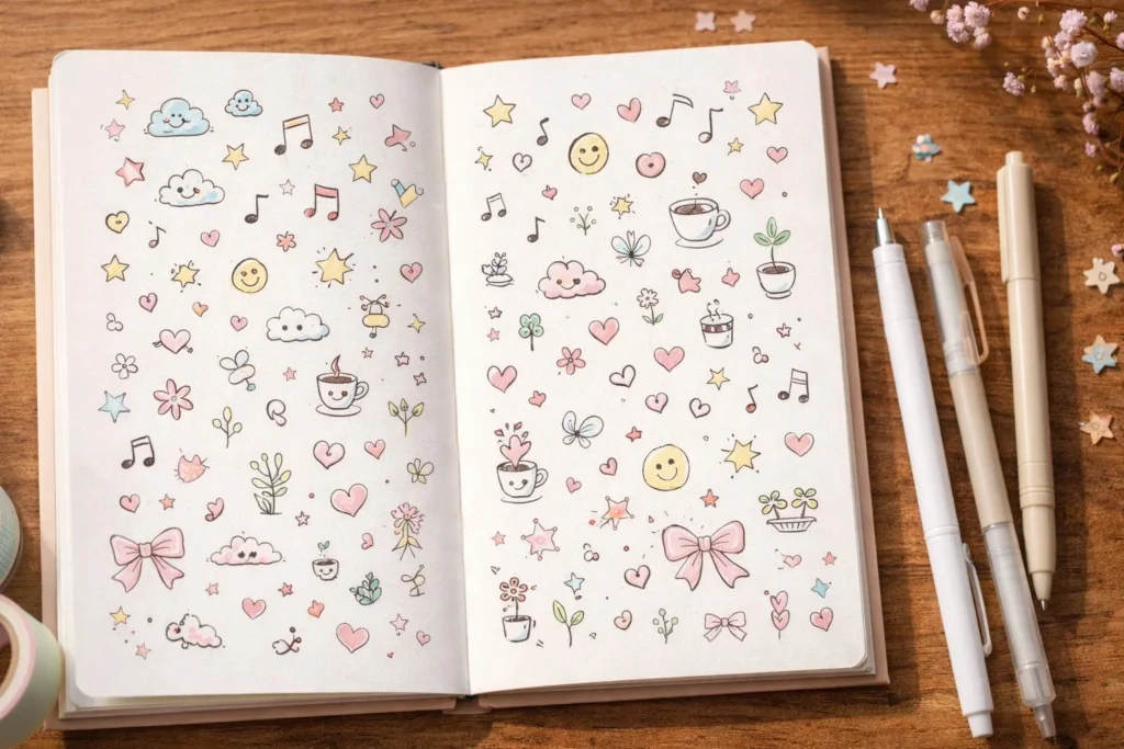 Small happy doodles and little things to draw in a sketchbook spread