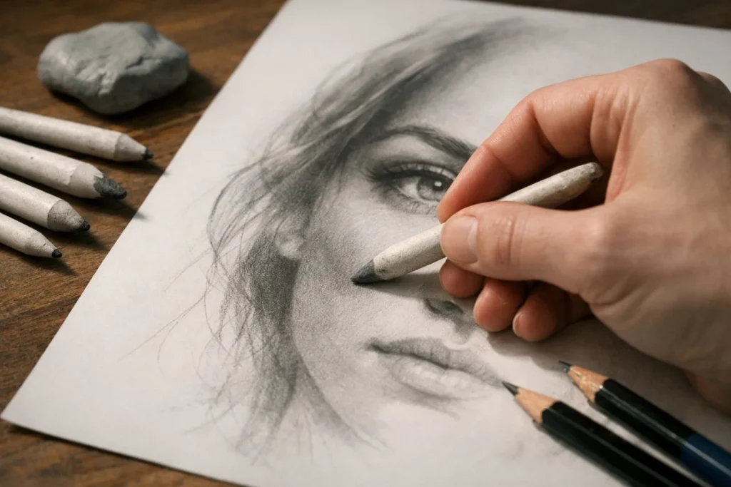 Artist using a blending stump to smooth pencil shading on a charcoal drawing