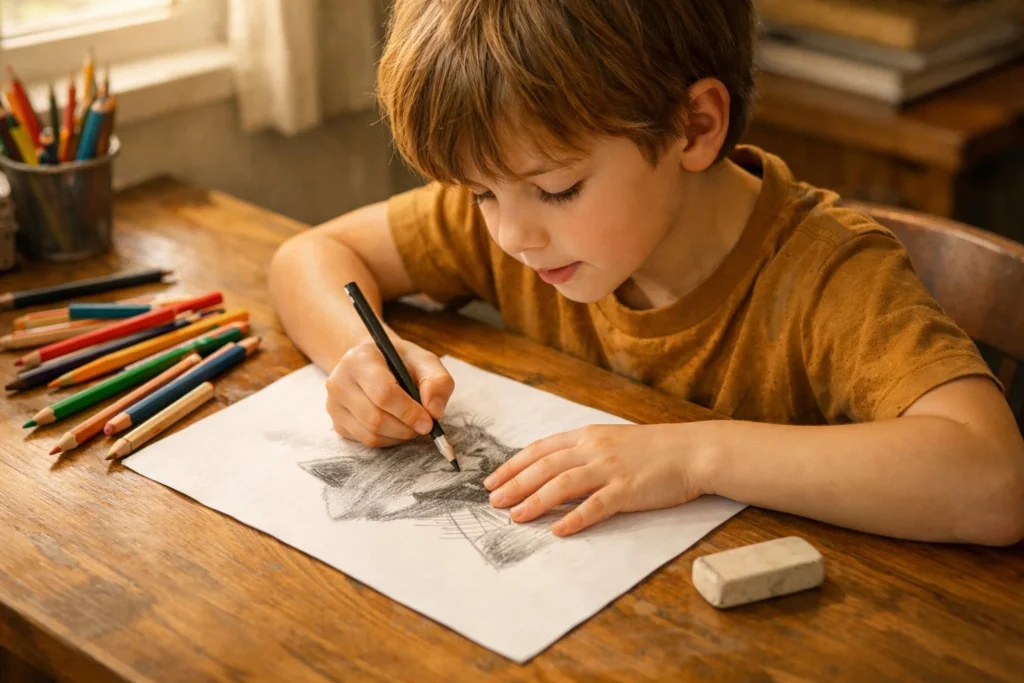 Young child learning pencil shading techniques at a desk