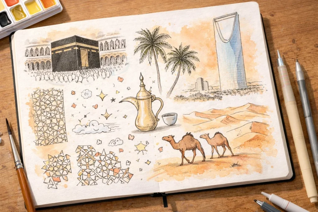 Sketch illustrations of Saudi Arabia landmarks including Kaaba and desert landscapes