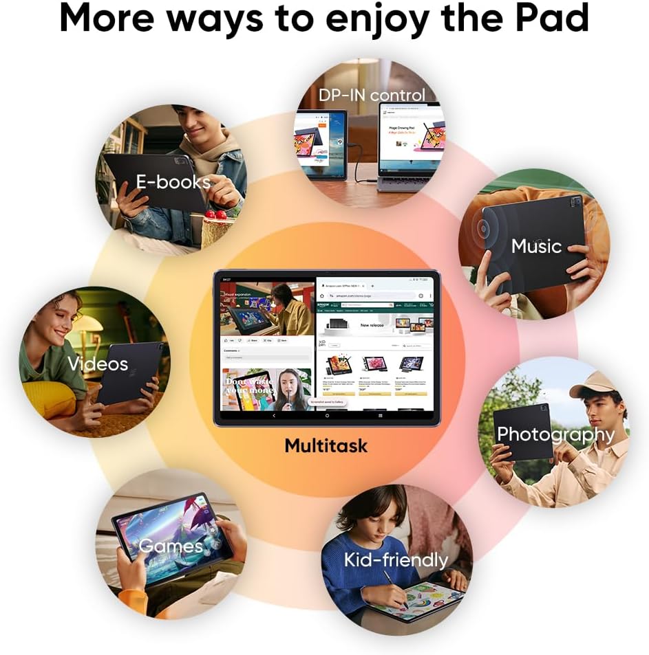 XPPen Magic Drawing Pad multitask capabilities including DP-IN e-books videos games photography