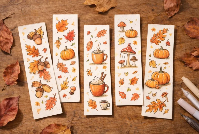 Hand-drawn fall themed bookmarks with autumn leaves pumpkins and warm colors
