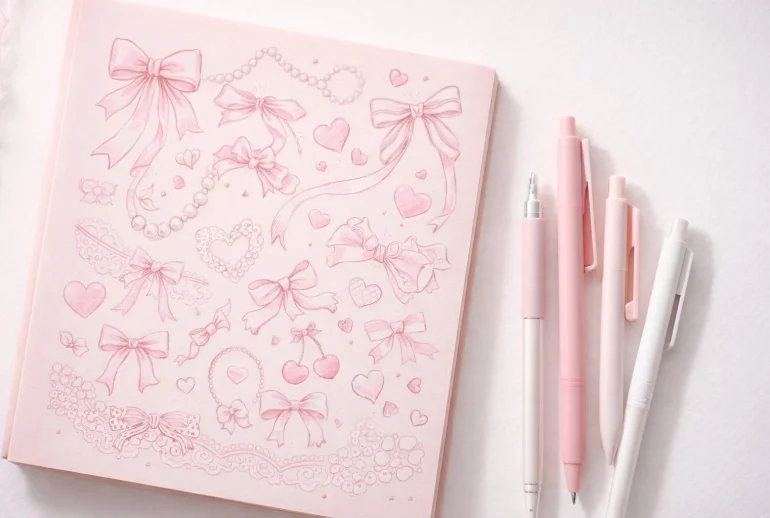 Coquette aesthetic doodles with bows ribbons and hearts on pink paper