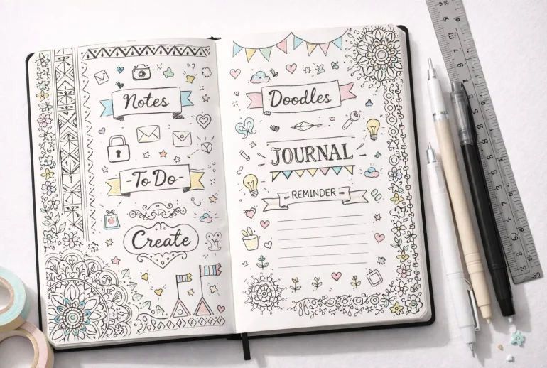 Creative drawing designs and doodle ideas decorating a notebook page
