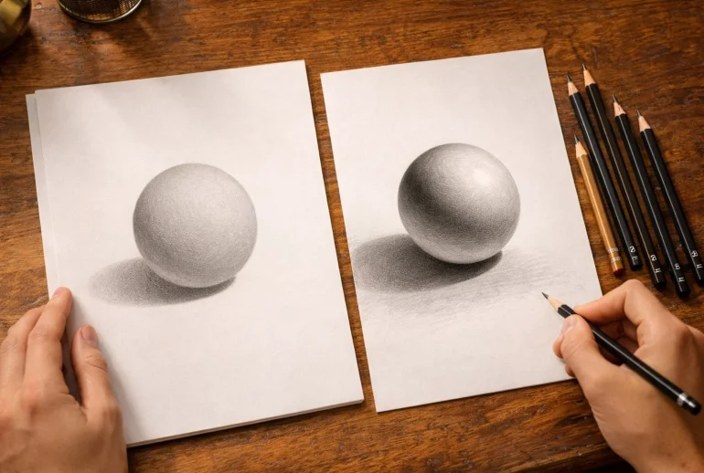 Pencil drawing showing flat shading versus realistic 3D shading comparison