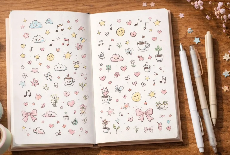 Small happy doodles and little things to draw in a sketchbook spread