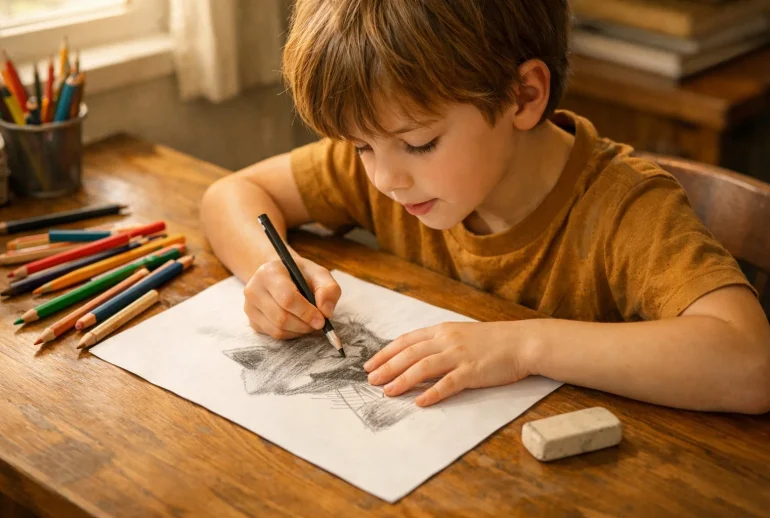 Young child learning pencil shading techniques at a desk