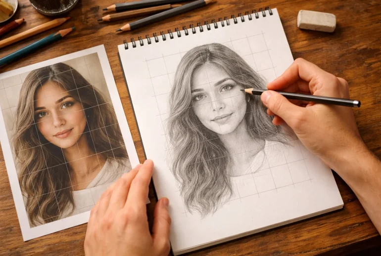 Artist training eyes for proportion while sketching with a grid reference