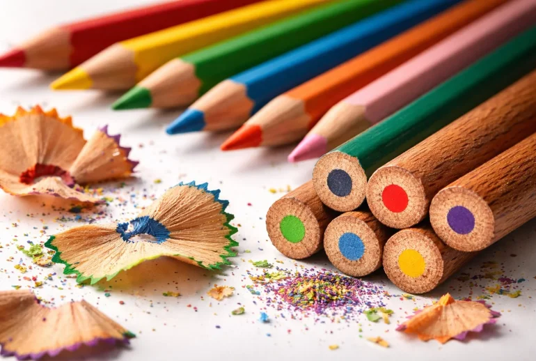 Close-up of colored pencils showing pigment core and wooden casing cross-section